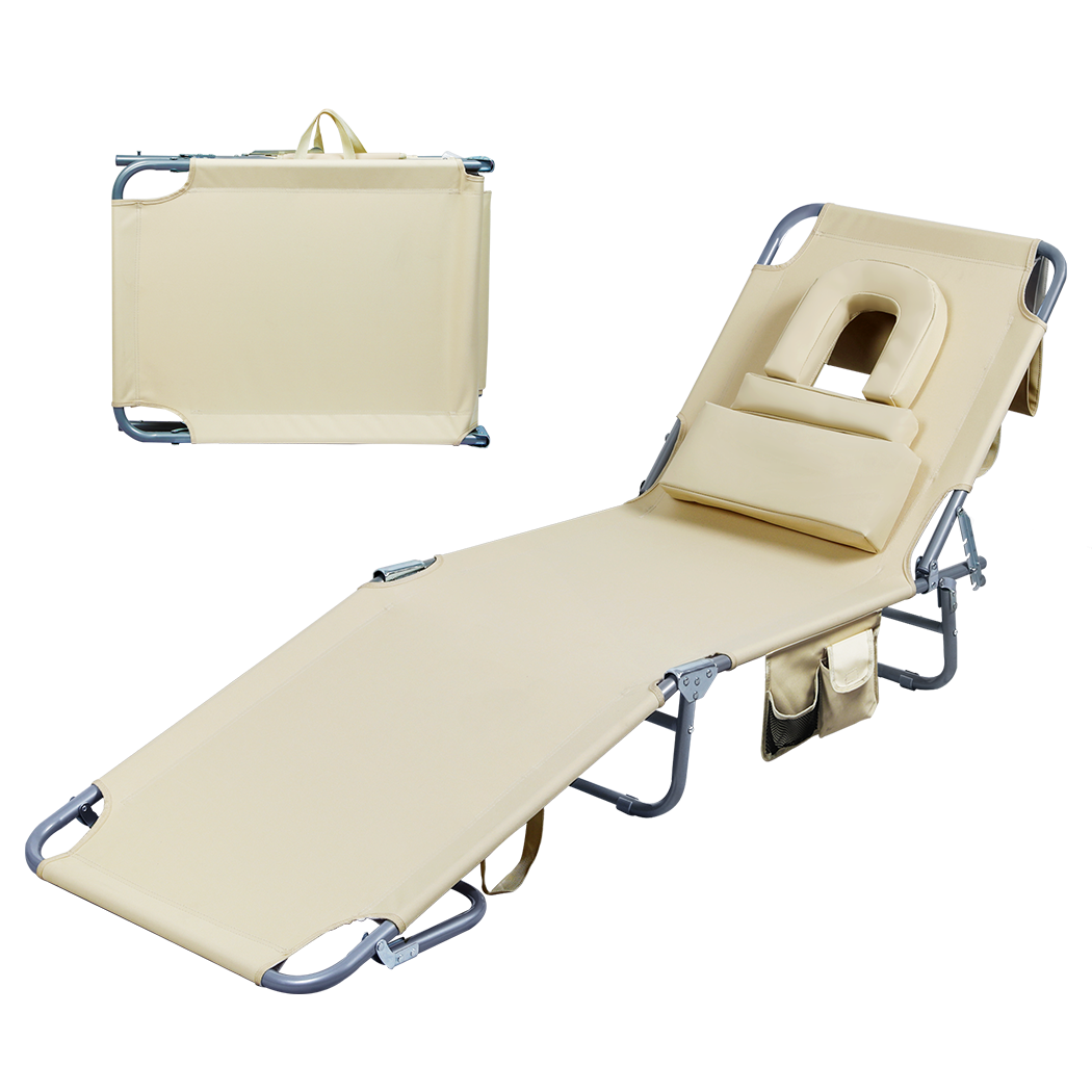 Levede Foldable Beach Lounge Chairs with Face Hole Khaki-1871349386584395784