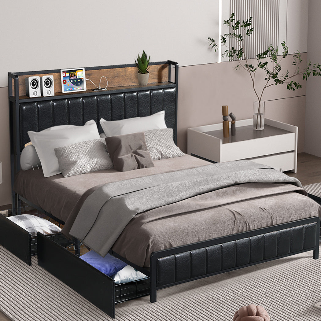 Levede Queen Bed Frame PU 4 Drawer USB Charge-1864183200838979590