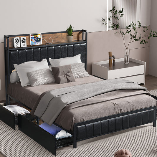 Levede Queen Bed Frame PU 4 Drawer USB Charge-1864183200838979590