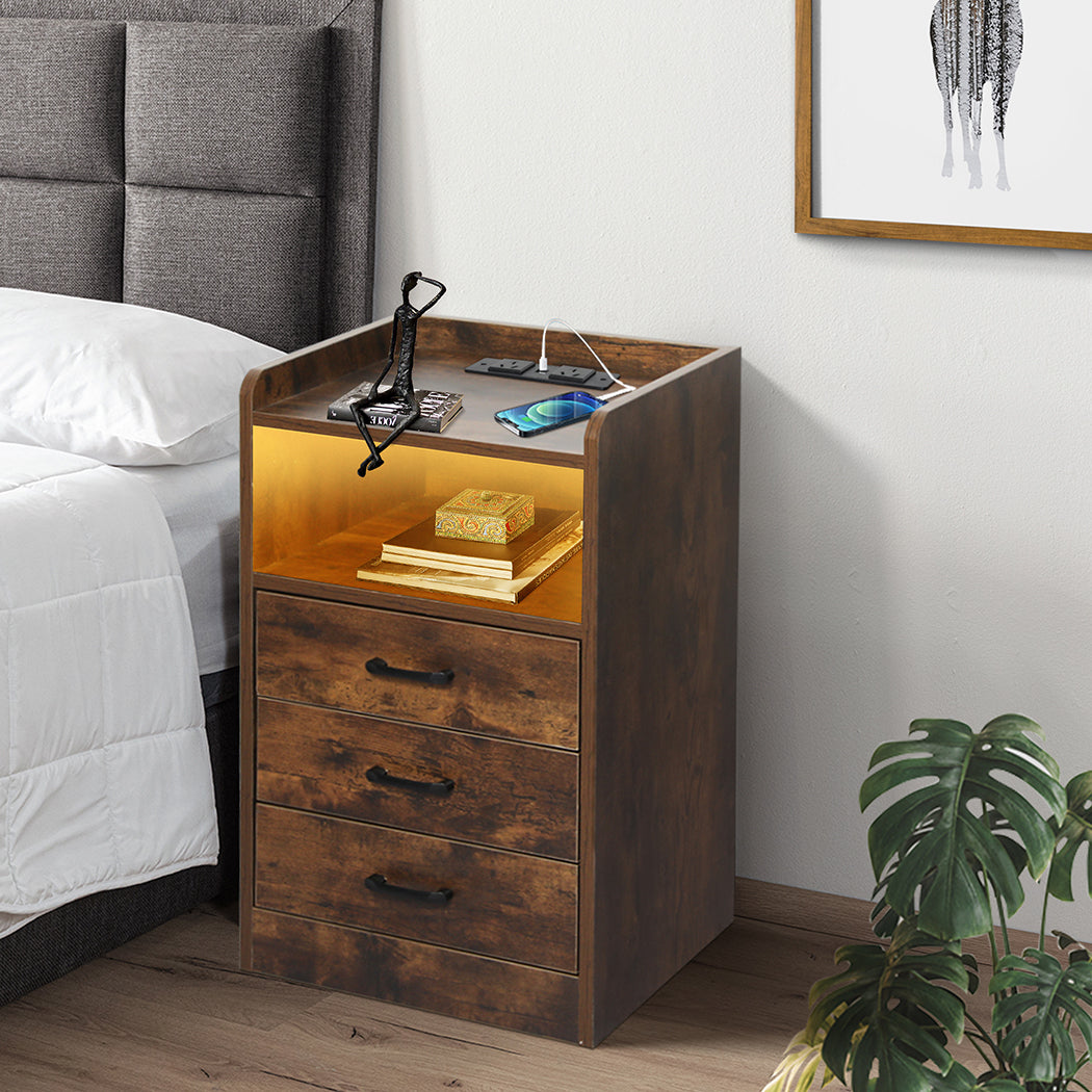 Levede Bedside Table USB Charger Outlet LED Oak-1869883068282703879