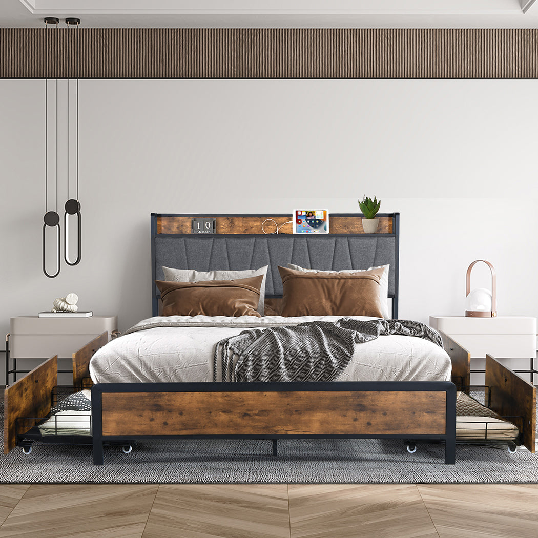 Levede Queen Bed Frame Soft Storage Drawers Headboard USB Charge-1864183200977391623