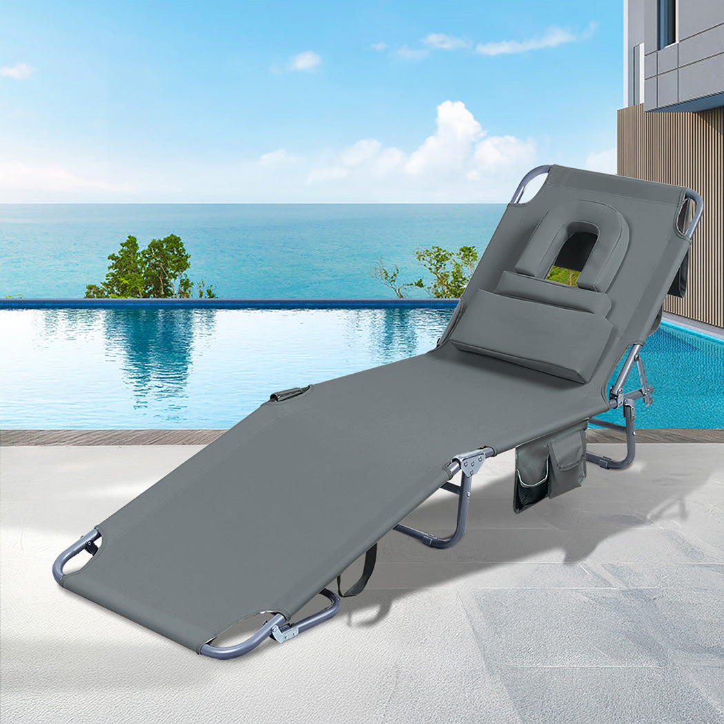 Levede Foldable Beach Lounge Chairs with Face Hole Grey-1871349386445983751
