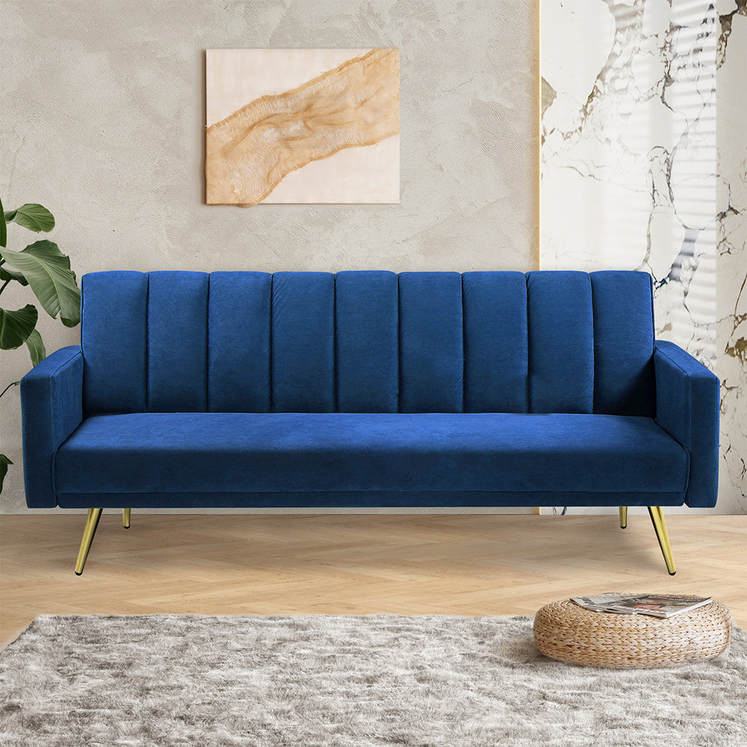 Levede Sofa Bed Convertible Velvet Lounge Recliner Couch Sleeper 3 Seater Blue-1864184618165604359