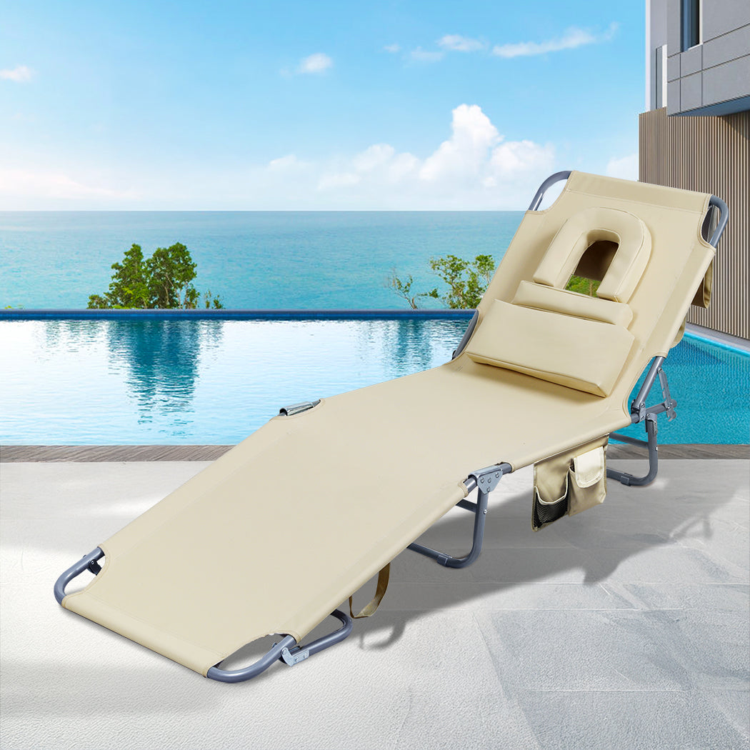 Levede Foldable Beach Lounge Chairs with Face Hole Khaki-1871349386584395783