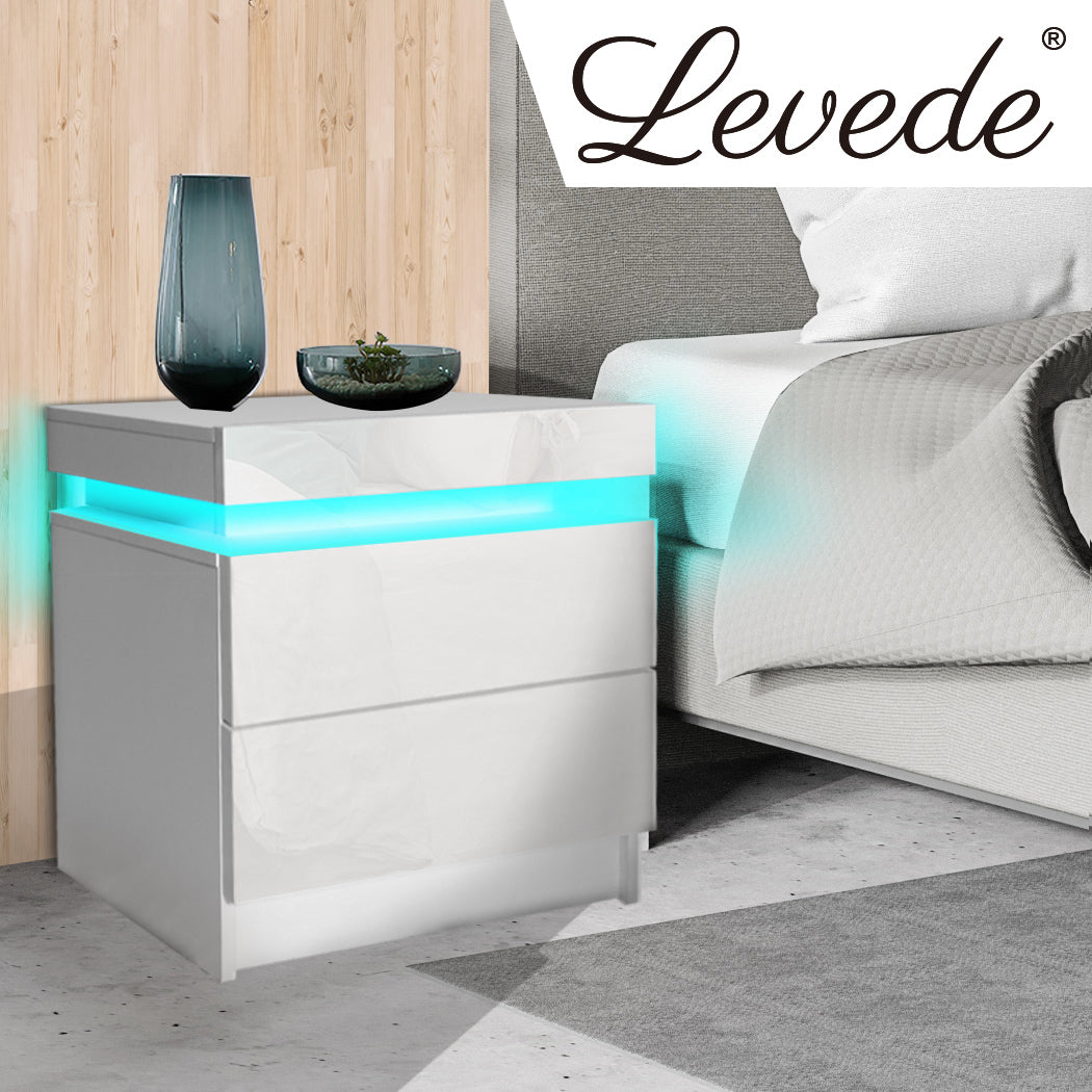 Levede Bedside Tables RGB LED Side Table White-1864183566422904839