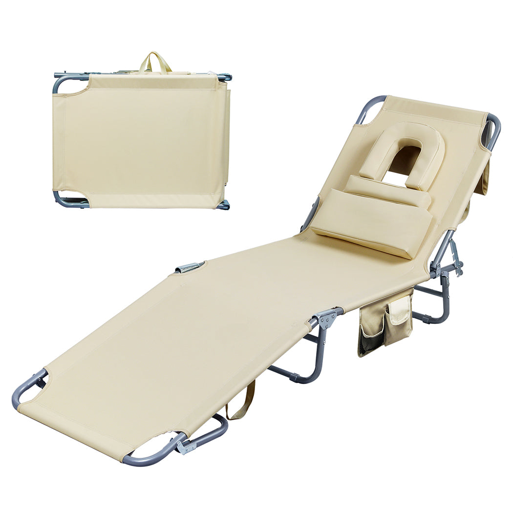 Levede Foldable Beach Lounge Chairs with Face Hole Khaki-1871349386584395776