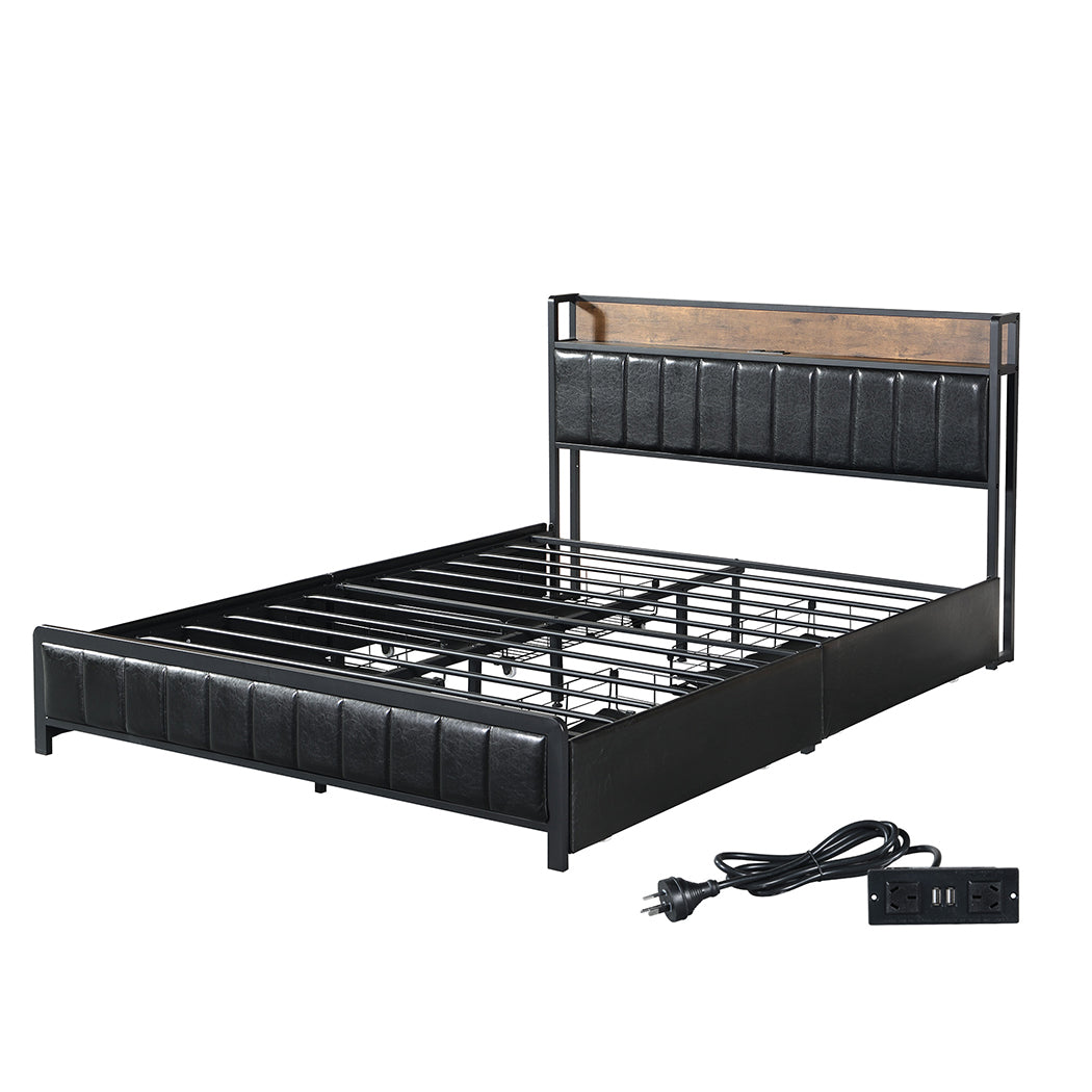Levede Queen Bed Frame PU 4 Drawer USB Charge-1864183200838979584