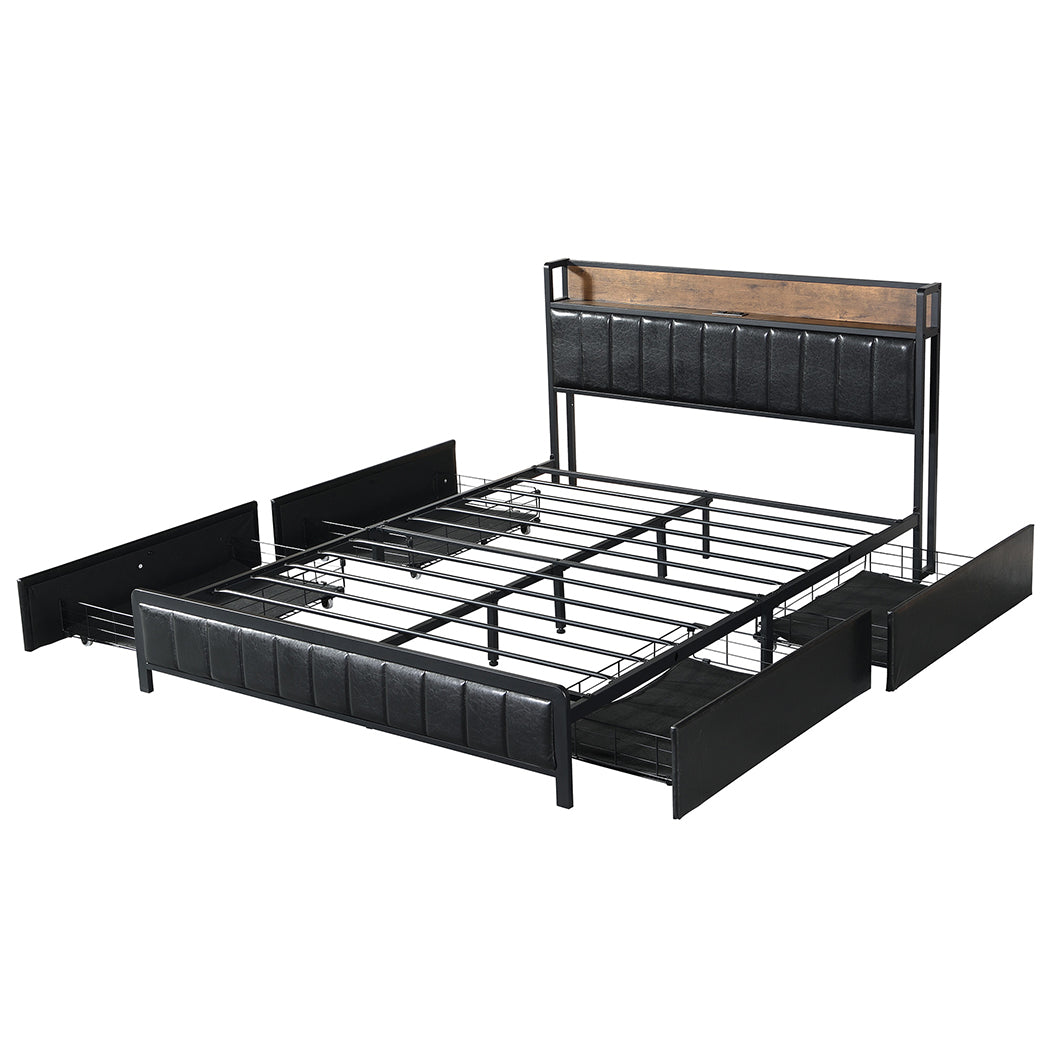 Levede Queen Bed Frame PU 4 Drawer USB Charge-1864183200838979585
