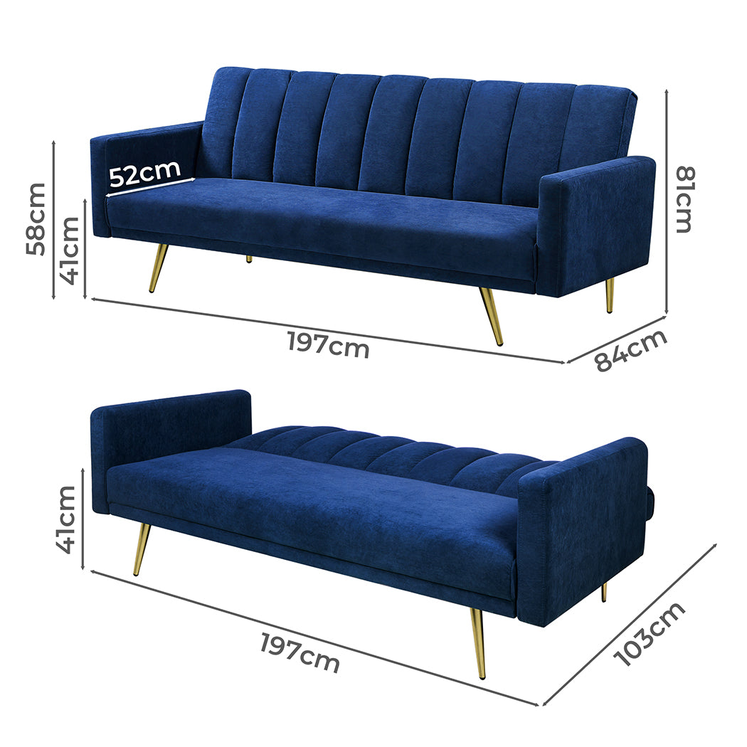 Levede Sofa Bed Convertible Velvet Lounge Recliner Couch Sleeper 3 Seater Blue-1864184618165604354