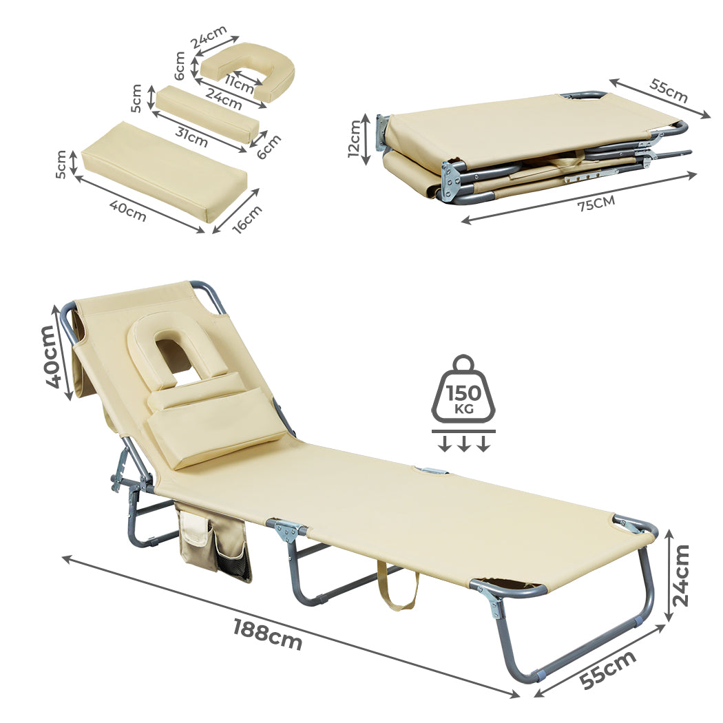 Levede Foldable Beach Lounge Chairs with Face Hole Khaki-1871349386584395778