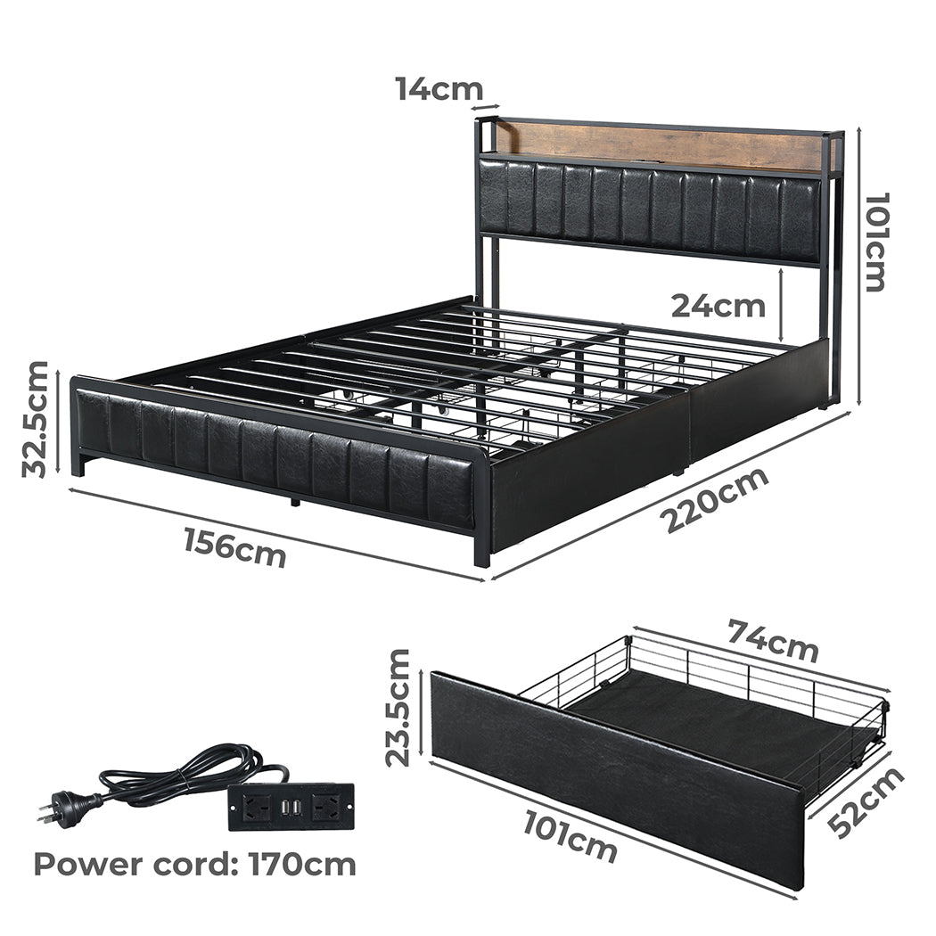 Levede Queen Bed Frame PU 4 Drawer USB Charge-1864183200838979586