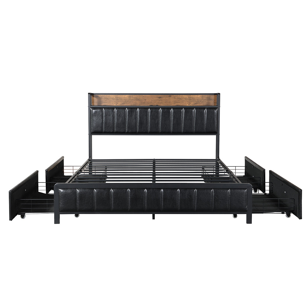 Levede Queen Bed Frame PU 4 Drawer USB Charge-1864183200838979588