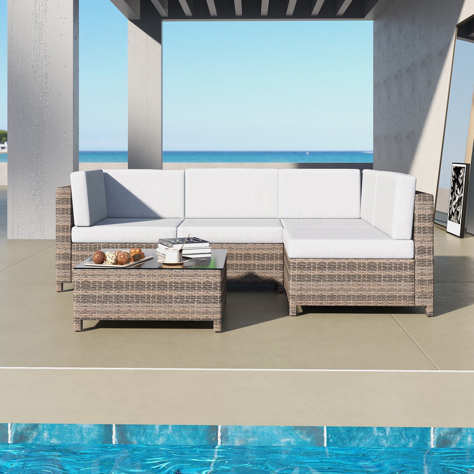 Milano Outdoor 5 PC Rattan Sofa Set Colour Oatmeal Seat & Black Coating (5 Boxes)-1878615033924161536