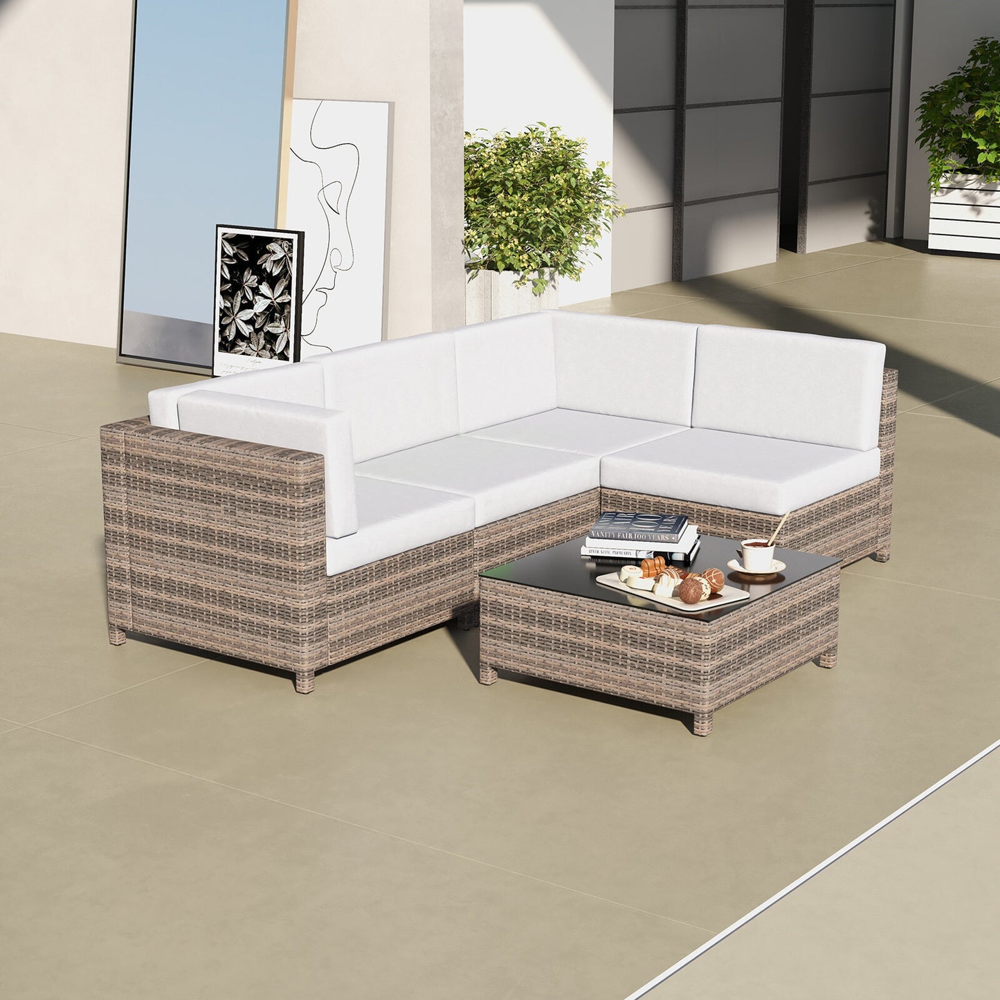 Milano Outdoor 5 PC Rattan Sofa Set Colour Oatmeal Seat & Black Coating (5 Boxes)-1878615033924161538