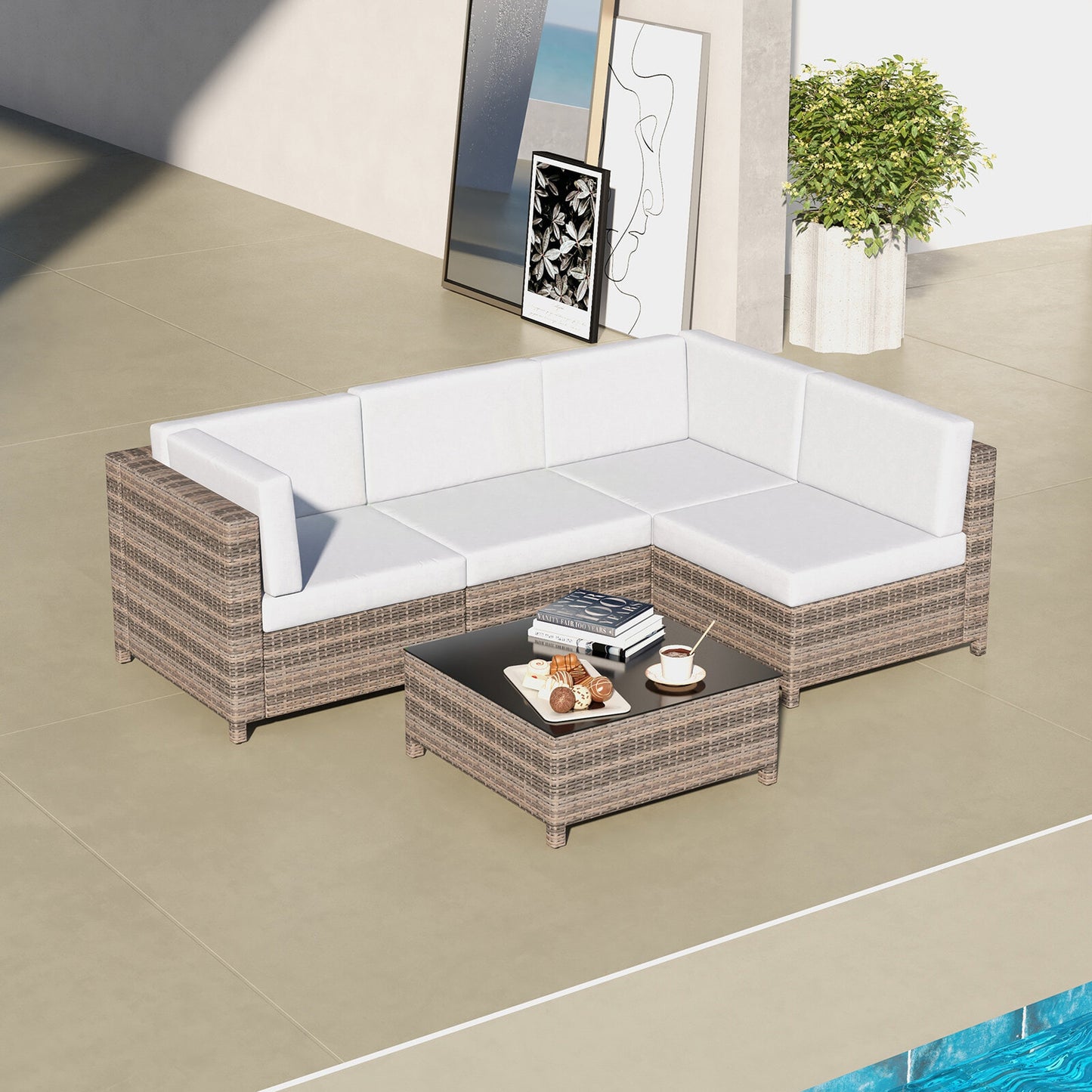 Milano Outdoor 5 PC Rattan Sofa Set Colour Oatmeal Seat & Black Coating (5 Boxes)-1878615033924161539