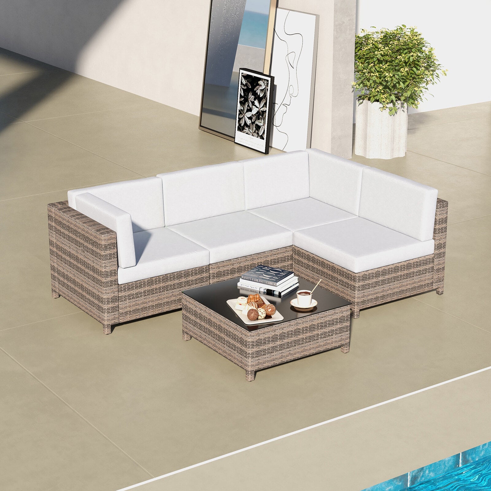 Milano Outdoor 5 PC Rattan Sofa Set Colour Oatmeal Seat & Black Coating (5 Boxes)-1878615033924161539