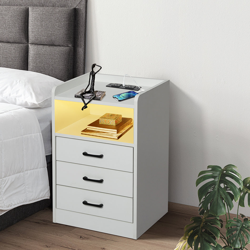 Levede Bedside Table USB Charger Outlet LED White-1869883068425310215