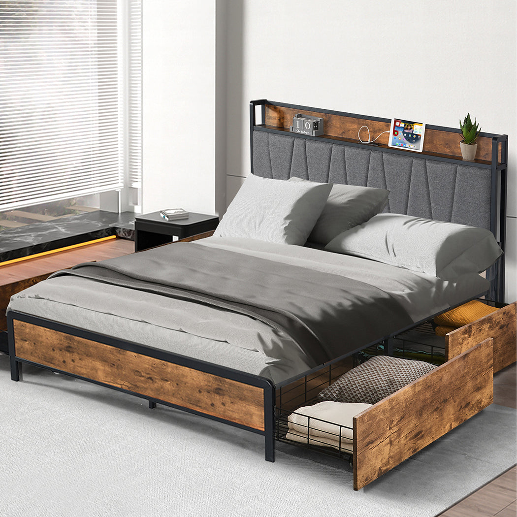 Levede Queen Bed Frame Soft Storage Drawers Headboard USB Charge-1864183200977391622