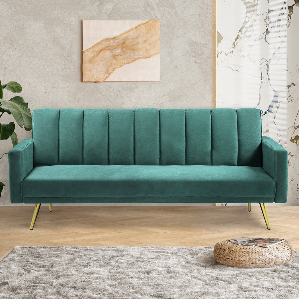 Levede Sofa Bed Convertible Velvet Lounge Recliner Couch Sleeper 3 Seater Green-1864184618333376518