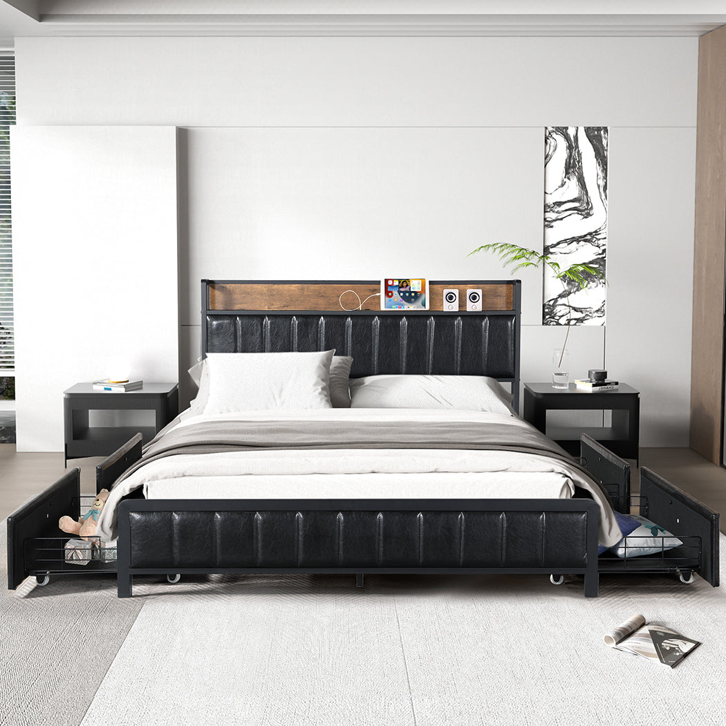Levede Queen Bed Frame PU 4 Drawer USB Charge-1864183200838979591