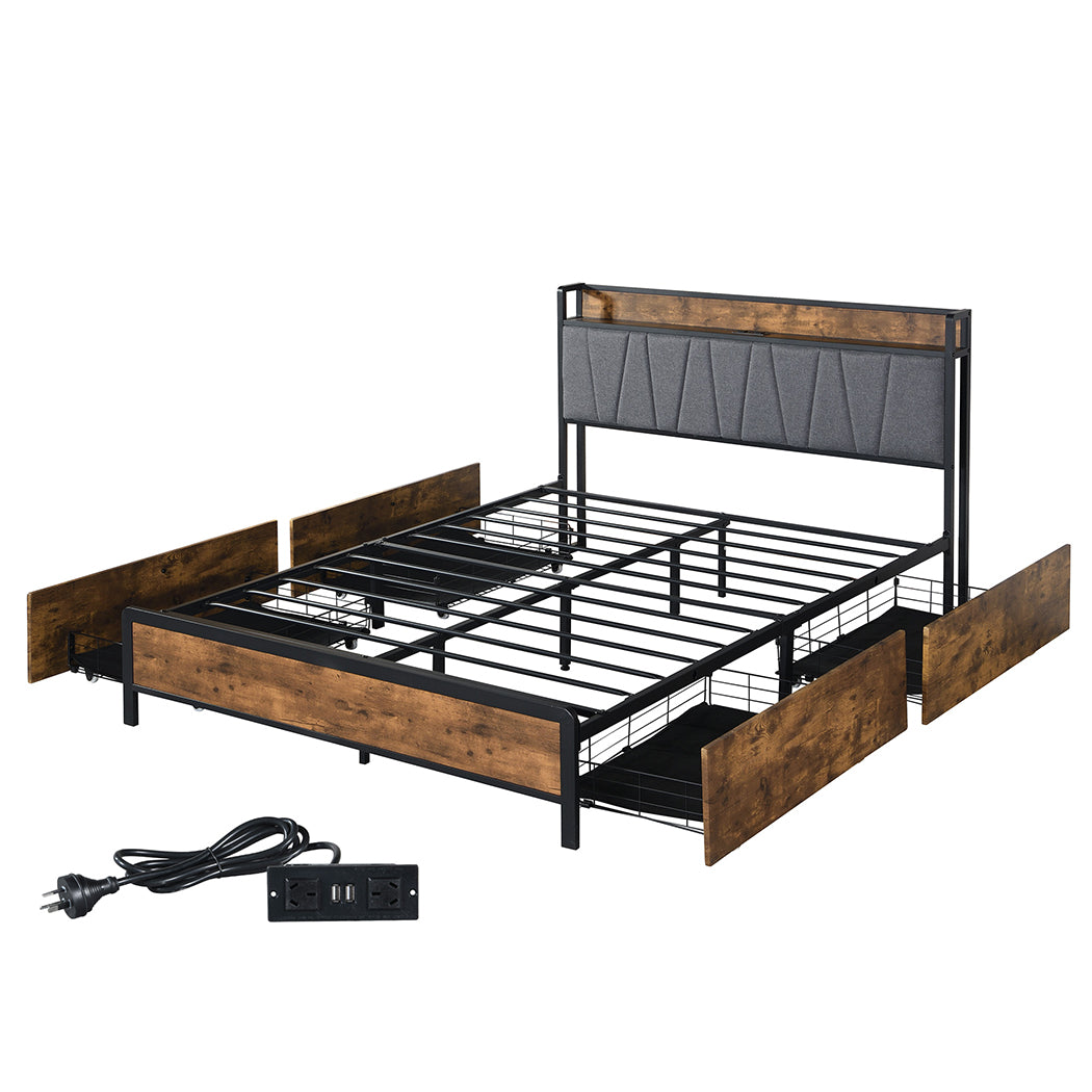 Levede Queen Bed Frame Soft Storage Drawers Headboard USB Charge-1864183200977391616