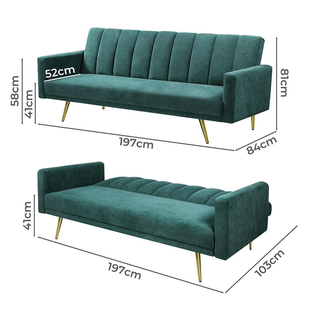 Levede Sofa Bed Convertible Velvet Lounge Recliner Couch Sleeper 3 Seater Green-1864184618333376514