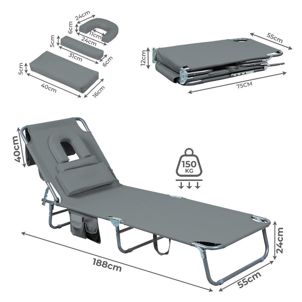 Levede Foldable Beach Lounge Chairs with Face Hole Grey-1871349386445983746